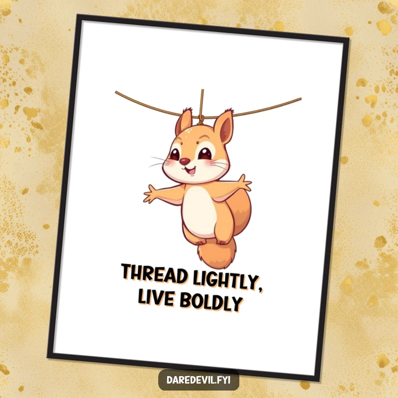 Funny Free Printable Wall Art: Perky squirrel dangling precariously from a thin thread, paws outstretched, a humorous piece for home decor.