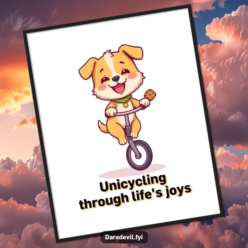 Funny Free Printable Wall Art: A happy dog balances precariously on a unicycle, a treat in tow, radiating infectious, humorous energy.