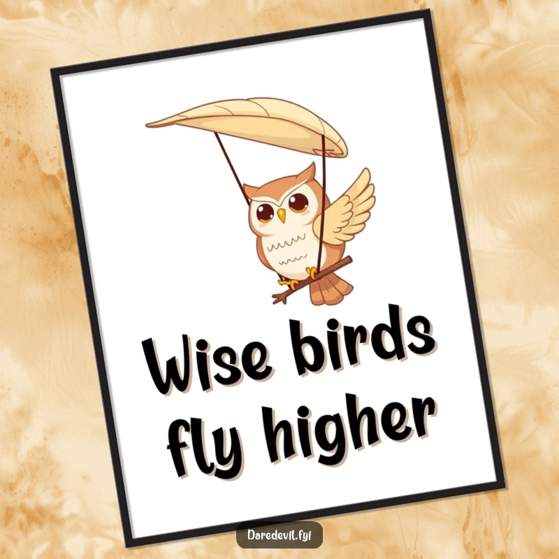 Funny Free Printable Wall Art: a contented owl character gracefully paragliding using a large feather, a peaceful piece of art.