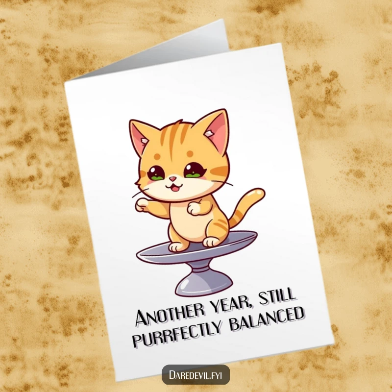 Funny Free Printable Birthday Card: A mischievous cat balances on a spinning plate, ready to party.