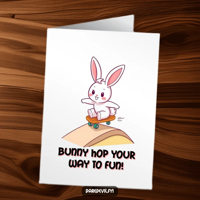 Funny Free Printable Birthday Card: Happy bunny zooms downhill on a tiny skateboard, ready to shred presents.