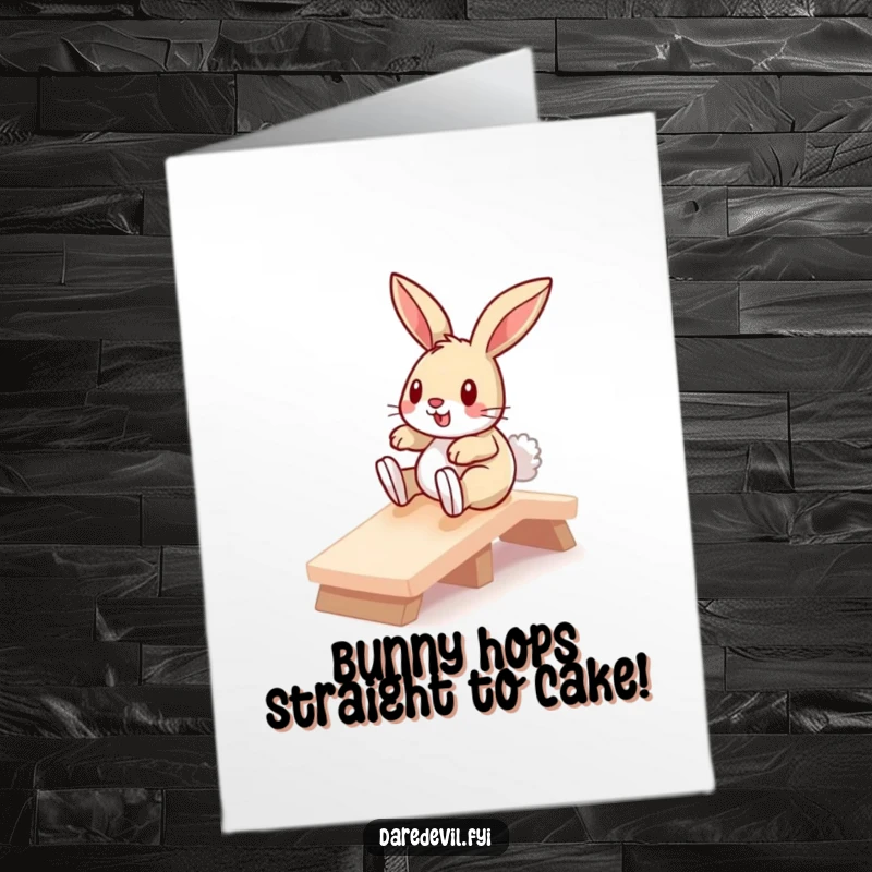 Funny free printable birthday card: A brave bunny speeds down a tiny ramp, eyes wide with excitement, ready to deliver birthday wishes.