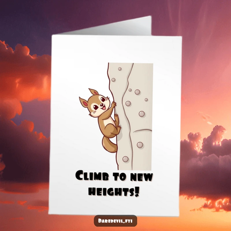 Funny Free Printable Birthday Card: Determined squirrel scales a sheer wall using tiny suction cups, reaching the top.