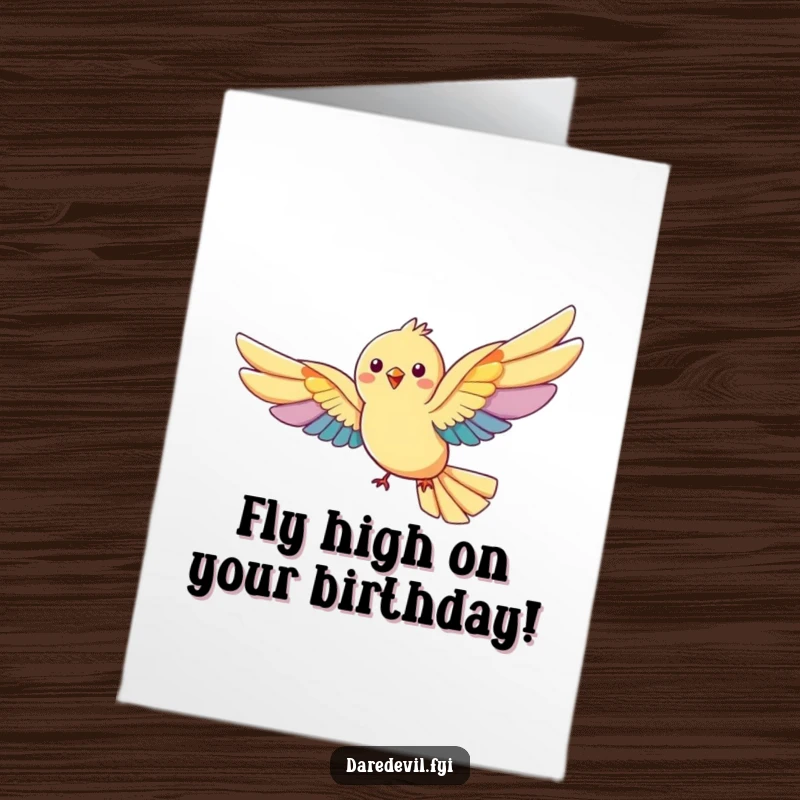 Funny Free Printable Birthday Card: A chirpy bird with enormous rainbow wings flies joyfully, spreading birthday cheer!