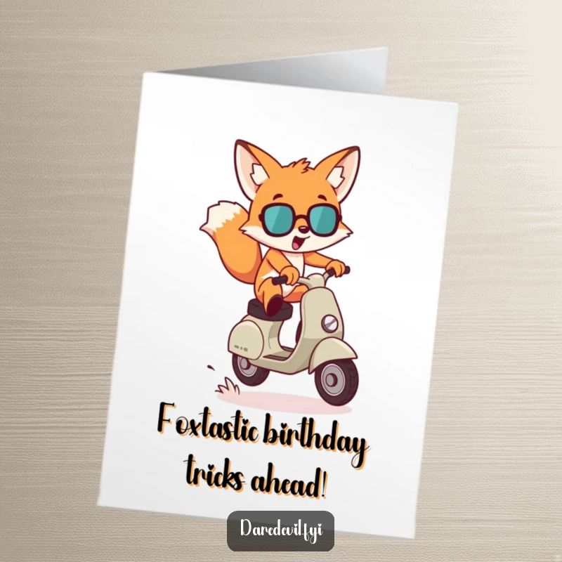 Funny Free Printable Birthday Card: Mischievous fox dramatically leaping gap on scooter, a thrilling DIY gift.