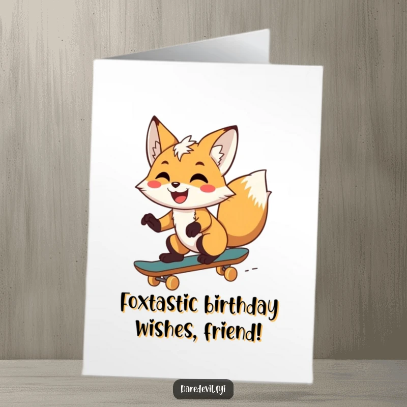 Funny Free Printable Birthday Card: Playful fox with a huge grin masterfully skateboarding, ready to shred your special day.