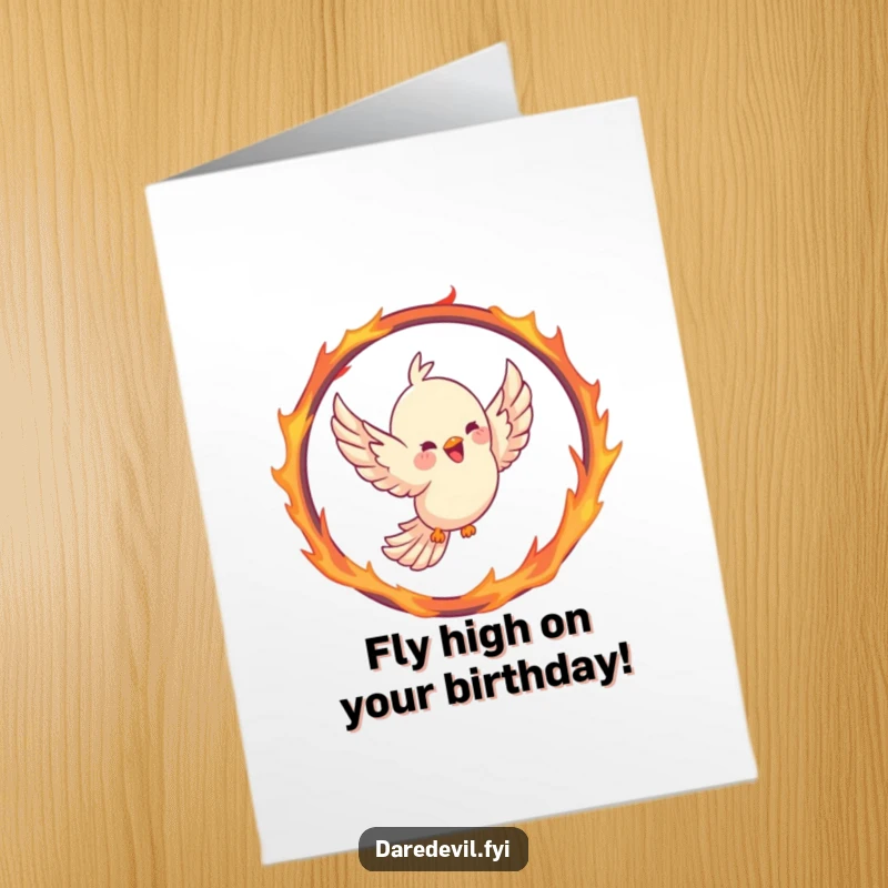 Funny Free Printable Birthday Card: Joyful bird soaring through a hoop shaped like a fiery ring, celebrating a birthday with flair.
