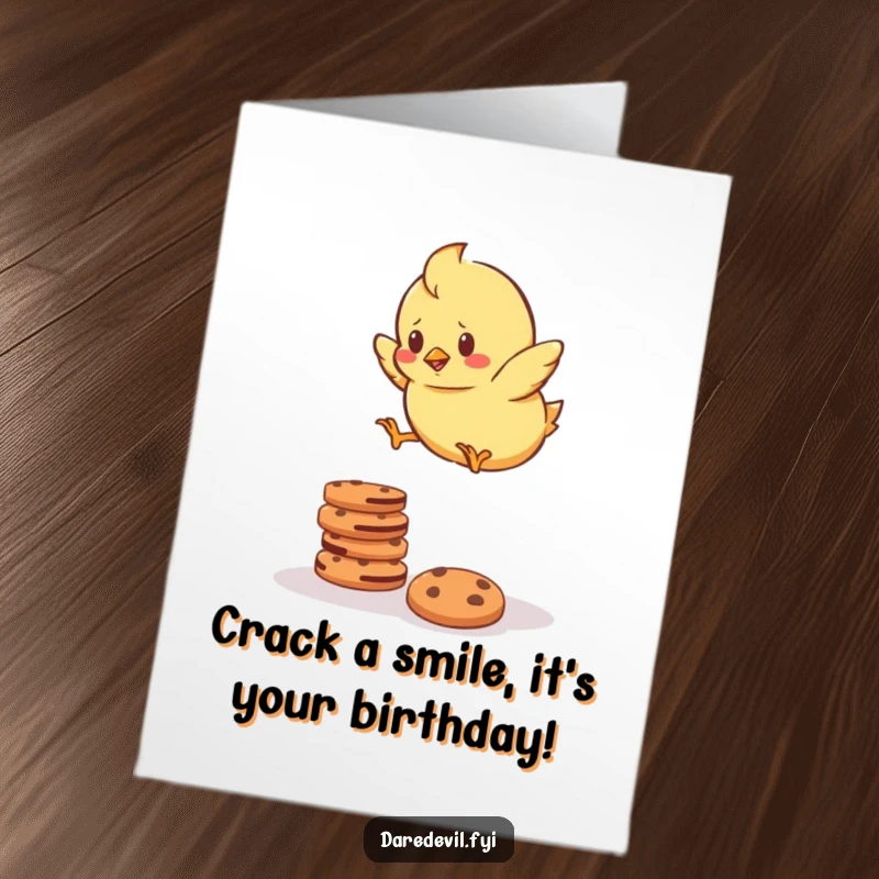 Funny Free Printable Birthday Card: A determined chick mid-air, bravely jumping over a tall stack of delicious cookies. Go little chick!