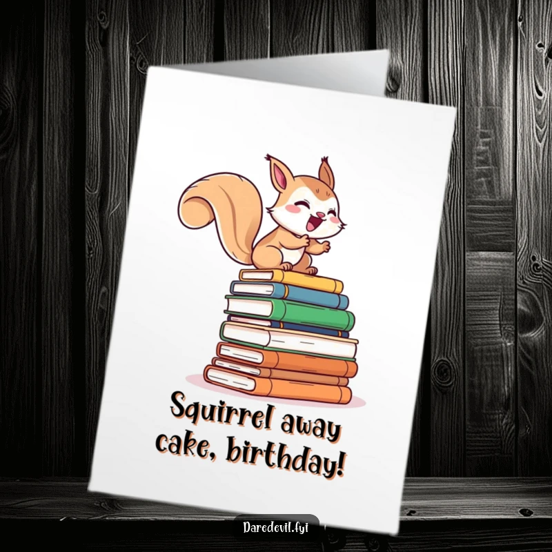 Funny Free Printable Birthday Card: a giggling squirrel character energetically climbing a towering stack of books, ready for celebration.