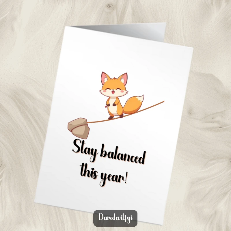 Funny Free Printable Birthday Card: Joyful fox character precariously balancing on a thin tightrope, a humorous birthday wish.