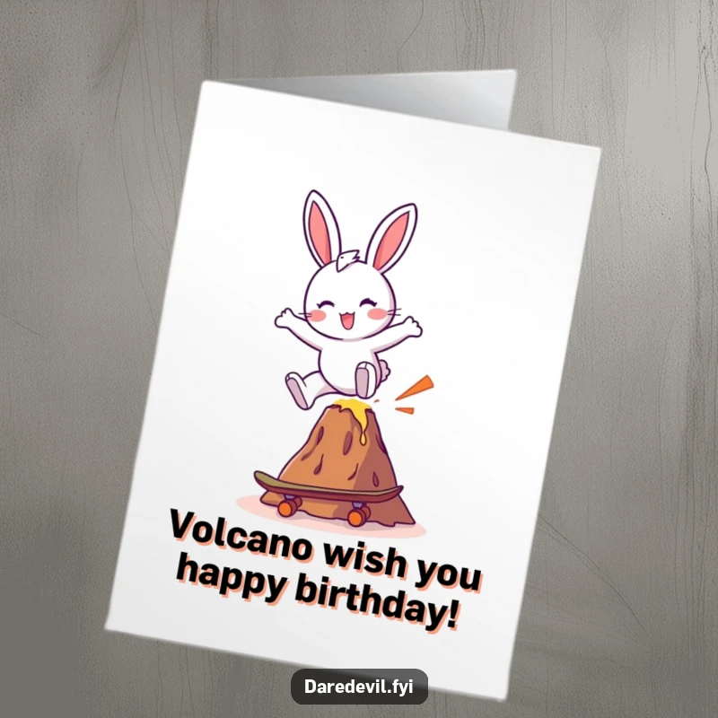 Funny Free Printable Birthday Card featuring a cheerful bunny skateboarding over a tiny volcano, ready for a radical celebration.
