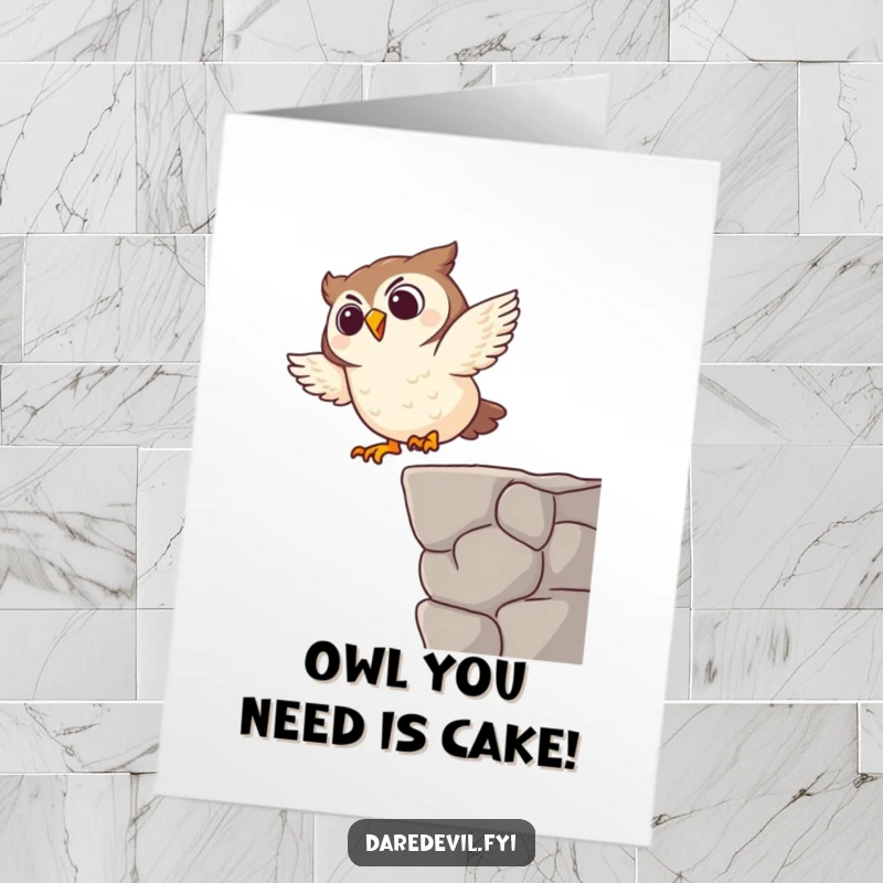Funny Free Printable Birthday Card: Giggling owl character performing a daring dive off a small ledge, ready to deliver birthday wishes.