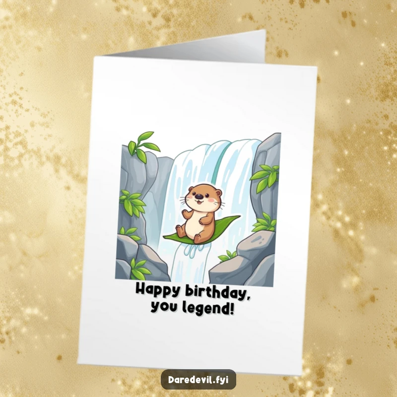 Funny Free Printable Birthday Card: A playful otter slides down a giant waterfall on a leaf, celebrating a birthday with exhilarating joy.