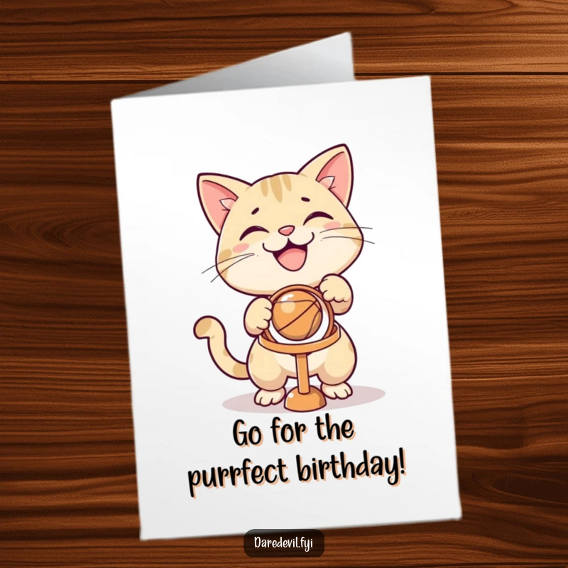 Funny Free Printable Birthday Card: Grinning cat focused on aiming a ball at a tiny hoop, celebrating. Print for fun.