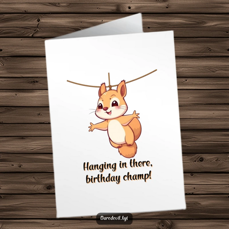 Funny Free Printable Birthday Card: Perky squirrel dangling precariously from a thin thread, paws outstretched in a comical birthday greeting.
