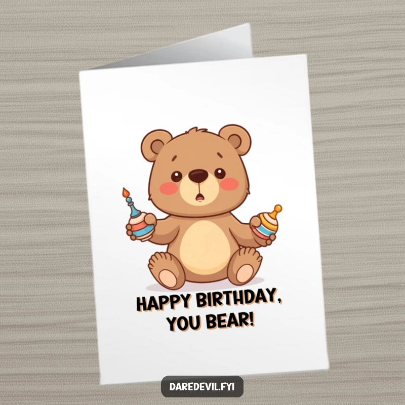 Funny Free Printable Birthday Card: Bear cub struggling comically to juggle spinning objects, a delightful mess.