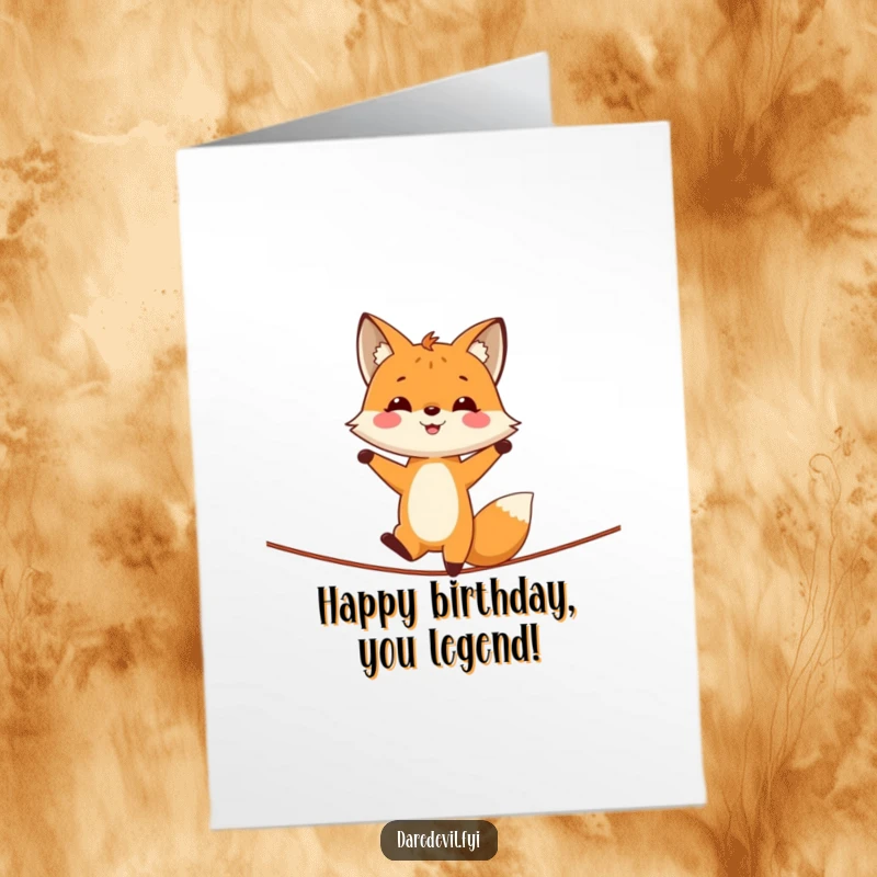 Funny Free Printable Birthday Card: A smiling fox expertly balances in a handstand on a tightrope, celebrating a birthday with flair.