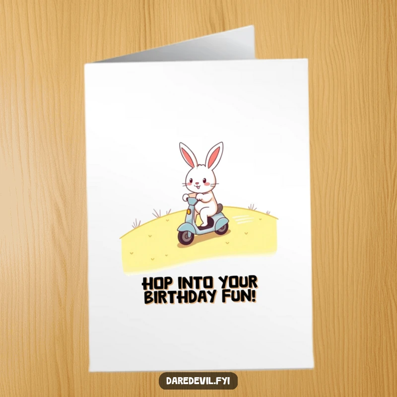 Funny Free Printable Birthday Card: A cheerful rabbit zooms downhill on a tiny scooter with a happy expression.