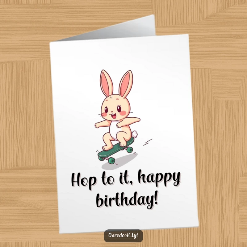 Funny Free Printable Birthday Card: Happy bunny zooming down a ramp on a tiny skateboard, a cool DIY gift.