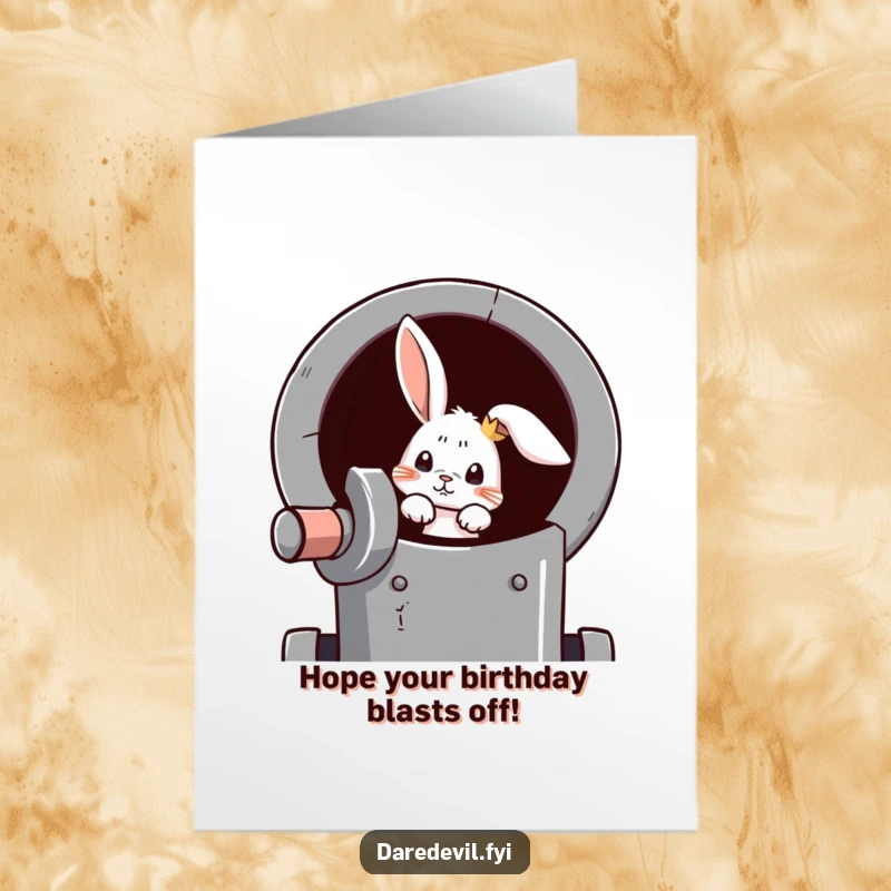 Funny Free Printable Birthday Card: A curious rabbit peeks out from a cannon, ready to celebrate.