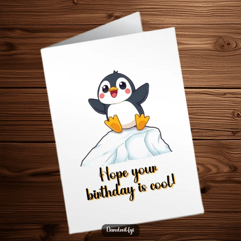 Funny free printable birthday card of a surprised penguin skillfully sliding down a steep, icy ramp.