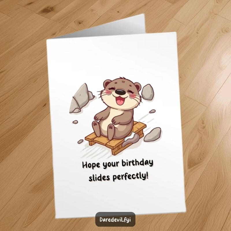 Funny Free Printable Birthday Card: A happy otter giggling uncontrollably while sliding down a rocky slope on a makeshift sled.