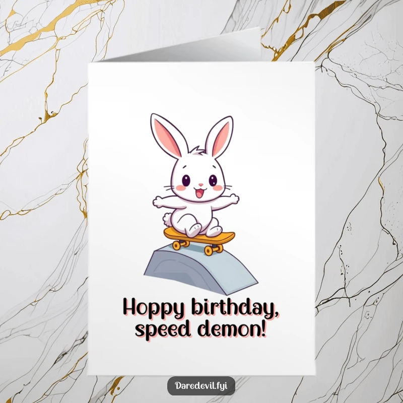 Funny Free Printable Birthday Card: Happy rabbit bravely skateboarding down a ramp, celebrating with cool vibes.