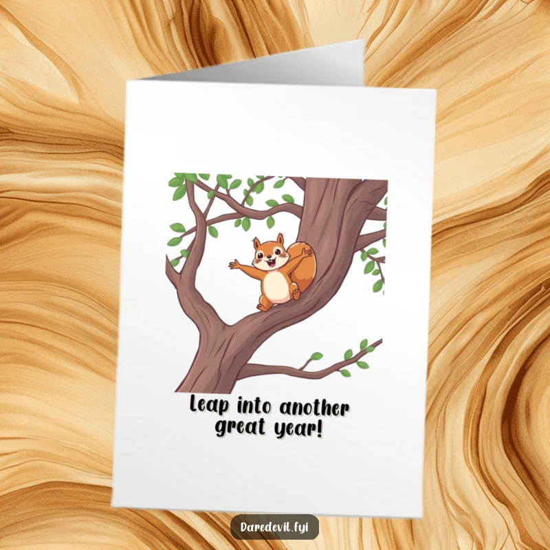 Funny Free Printable Birthday Card: A brave squirrel leaps from a high tree branch with outstretched arms in celebration.