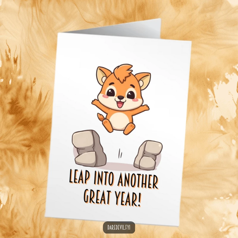 Funny Free Printable Birthday Card showing a brave animal character soaring over a gap with pure grit and a grin.
