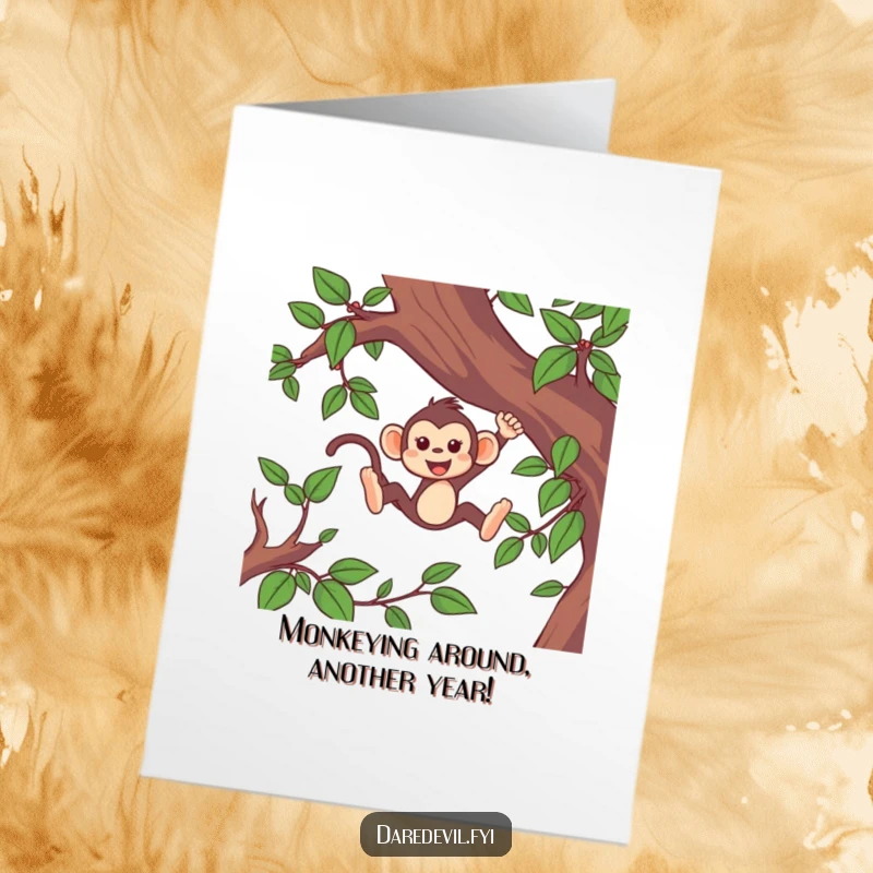 Funny Free Printable Birthday Card: A lively monkey swings fast through vines, ready for a wild celebration.