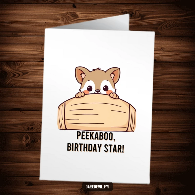 Funny free printable birthday card: A curious animal peeks over a giant, colorful obstacle with wide, inquisitive eyes.