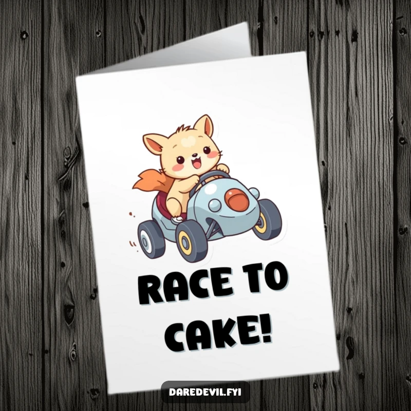 Funny free printable birthday card: An energetic animal character speeds in a tiny race car with a huge smile, celebrating.