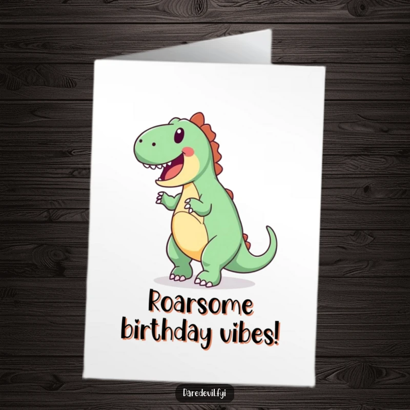 Funny free printable birthday card showing a joyful dinosaur attempting a backward somersault with pure enthusiasm.