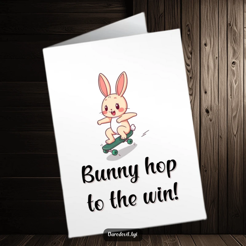 Funny Free Printable Congratulations Card: Happy bunny skateboarding down a ramp, a cool DIY printable.