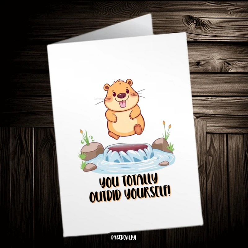 Funny free printable congratulations card showing a capybara mid-air, jumping over a river with excitement.