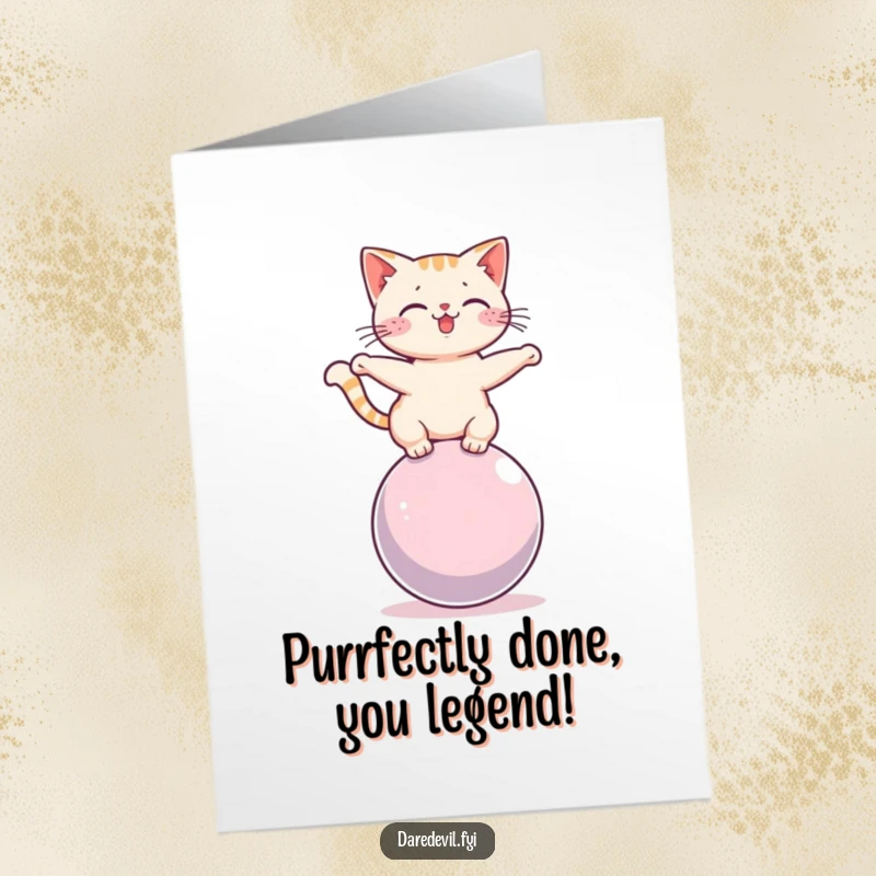 Funny free printable congratulations card: A skilled cat maintains perfect balance on a continuously rolling sphere, celebrating your wins with grace.