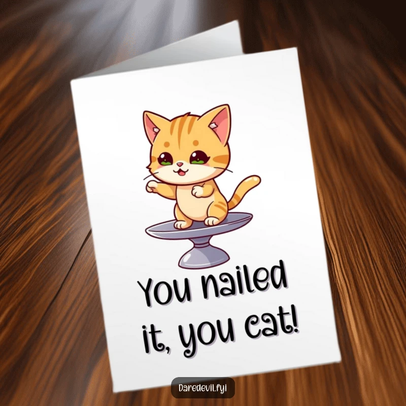Funny Free Printable Congratulations Card: A mischievous cat balances on a spinning plate, celebrating success.