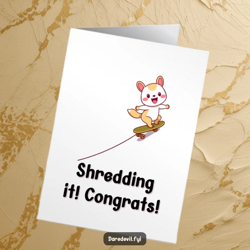 Funny free printable congratulations card featuring a happy animal character crushing a ramp on a skateboard.