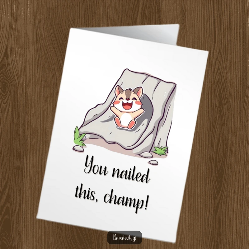 Free Printable Congratulations Card, bold animal character excitedly sliding down a chute, perfect for a humorous gift.