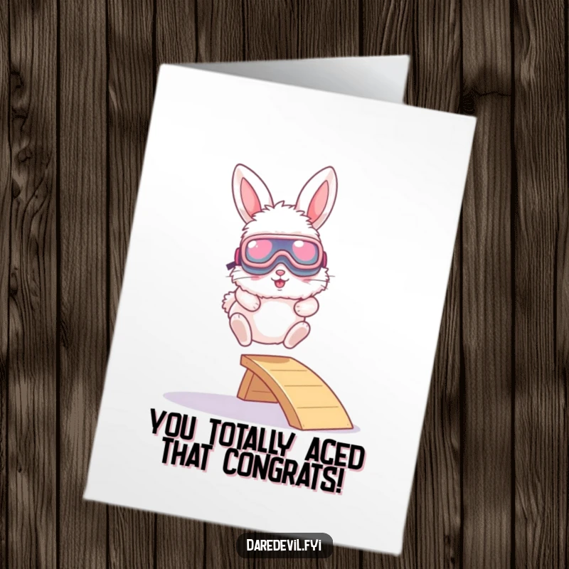 Funny Free Printable Congratulations Card: A bunny wearing oversized goggles makes a spectacular leap from a small ramp.