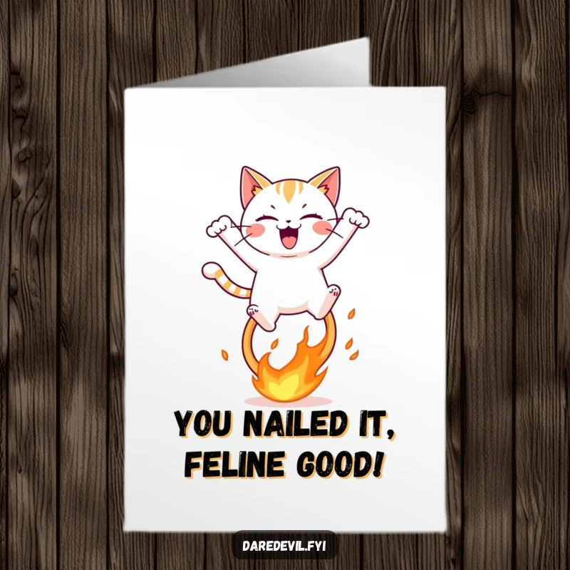 Funny Free Printable Congrats Card: A mischievous cat joyfully leaps over a fiery hoop, celebrating your success!
