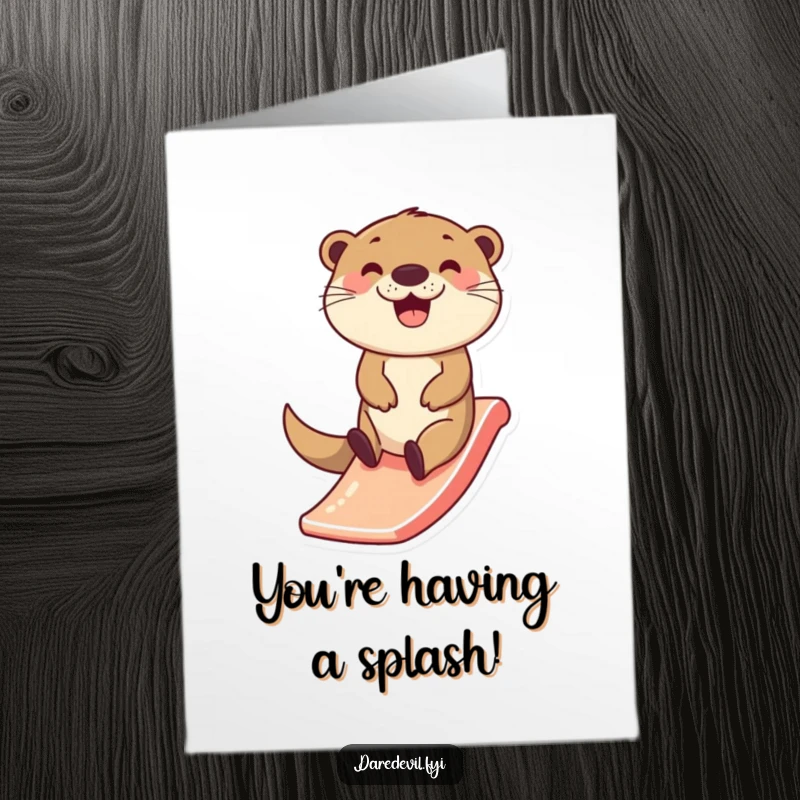 Funny Free Printable Congratulations Card: Happy otter zipping down a slide with a wide smile, a humorous symbol of smooth success, downloadable art.