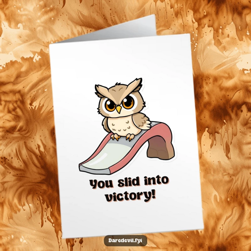 Funny Free Printable Congrats Card: A determined owl is poised to zoom down a slide, celebrating their triumphant achievement!