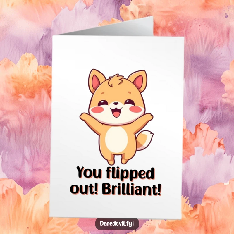 Funny Free Printable Congratulations Card depicting a smiling animal character mid-flip, celebrating a successful moment with joy.