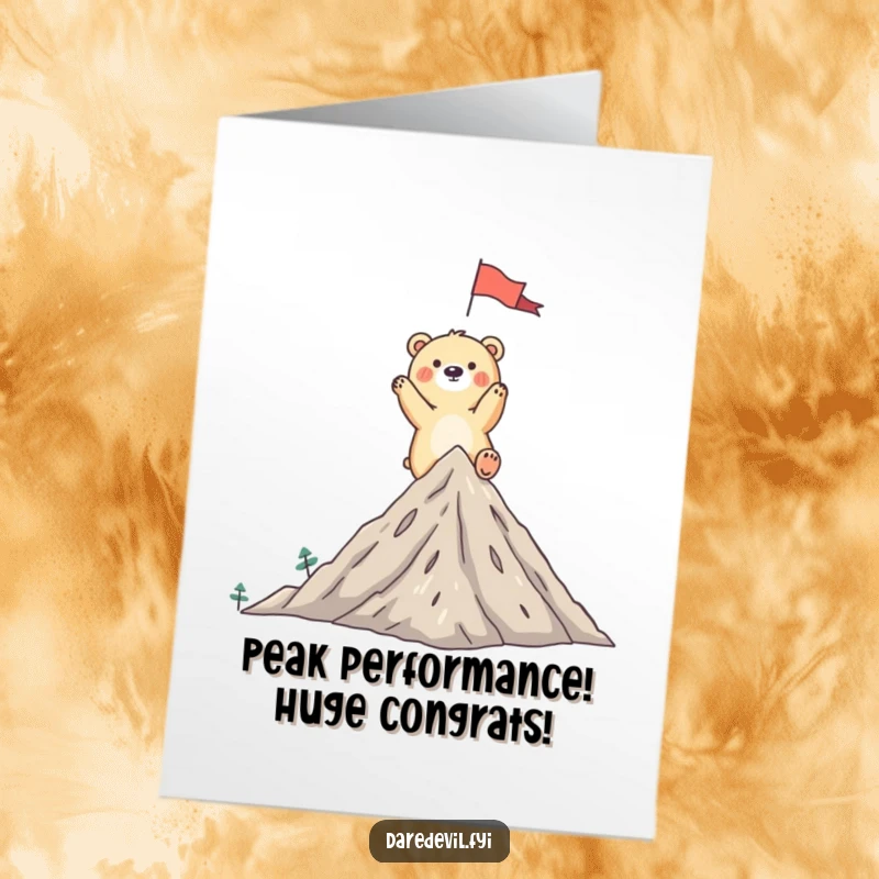 Funny Free Printable Congratulations Card: Whimsical bear planting a flag on a tiny mountain peak, a funny symbol of reaching goals.