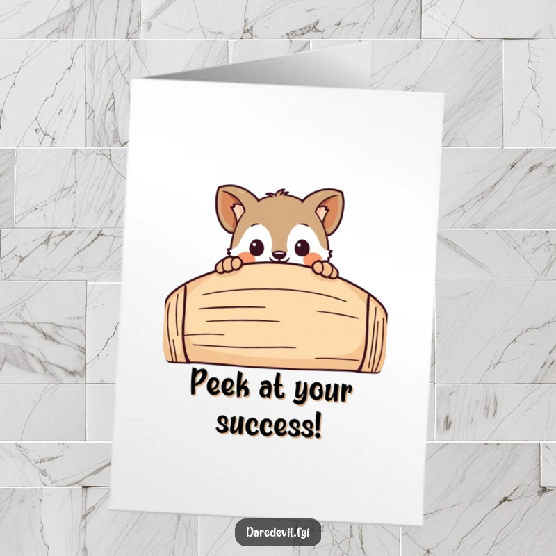 Funny free printable congratulations card: A curious animal character peeks inquisitively over a large, playful barrier, exploring the unknown.