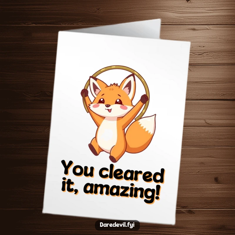 Funny free printable congratulations card: A determined fox executes a spectacular jump through a hoop held high, celebrating your triumphs.