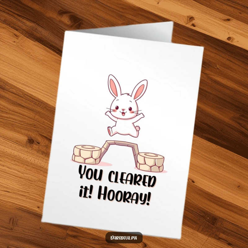 Funny Free Printable Congratulations Card: A brave rabbit character leaps between platforms, symbolizing achievement and daring, a great downloadable gift.