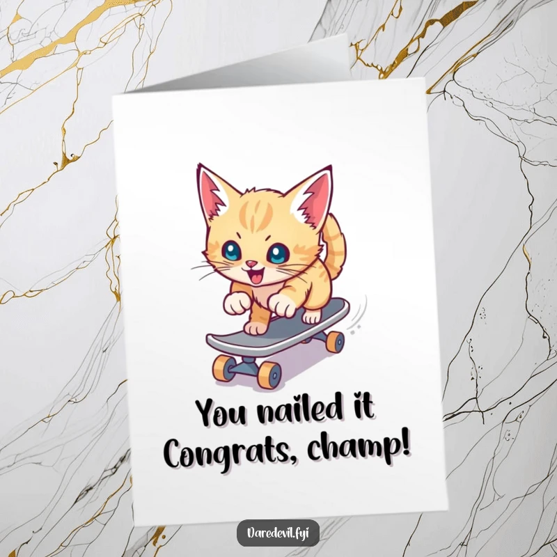 Funny Free Printable Congratulations Card: A kitten aggressively skates down a slide on a miniature skateboard, landing a trick.