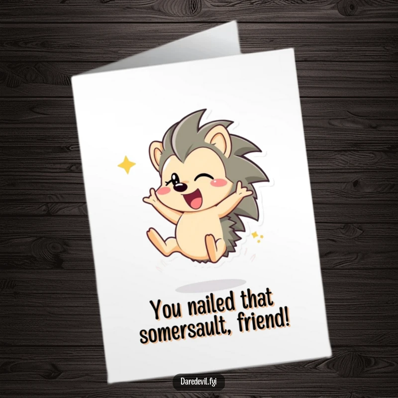 Funny Free Printable Congratulations Card: A cheerful hedgehog mid-somersault, celebrating success. Download and print for a unique gift.